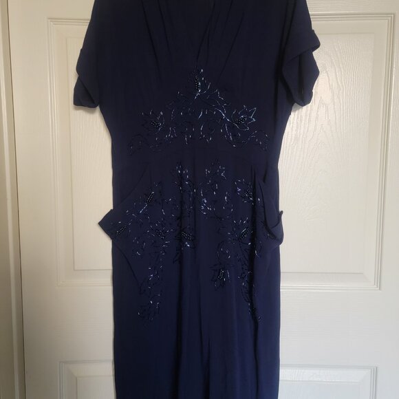 Vintage hand-beaded navy blue cocktail dress; approx. size 4-6 (s) - Picture 2 of 16
